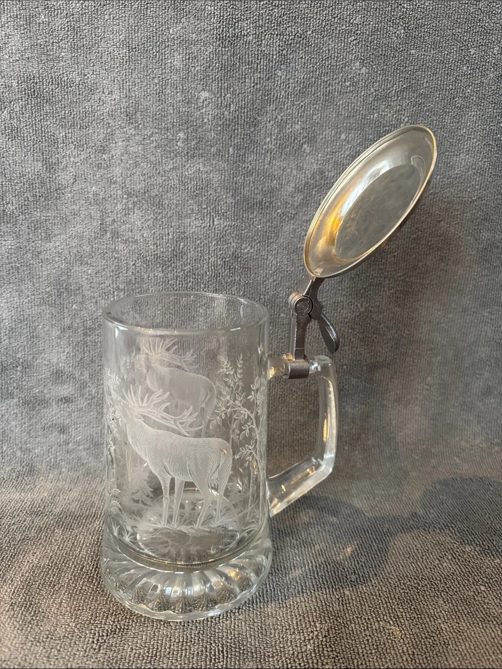 ALWE West Germany Glass Beer Stein Etched Stag Wildlife Design Pewter Lid